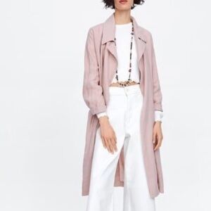 ZARA 100% Linen Dusty Pink Trench Coat with Belt Tie Closure in Size M